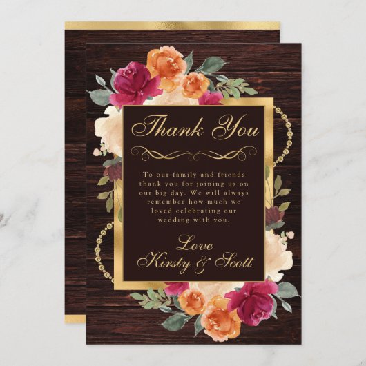 Rustikale Burnt Orange Red Fall Blume Hochzeit Dankeskarte (Vorne/Hinten)