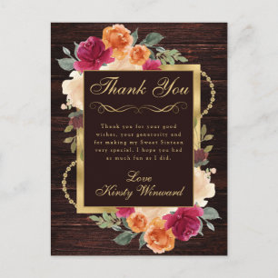 Rustikale Burnt Orange Red Fall Blume Sweet 16 Postkarte