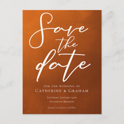 Rustikale Burnt Orange Typografie Save the Date fa Postkarte (Vorderseite)