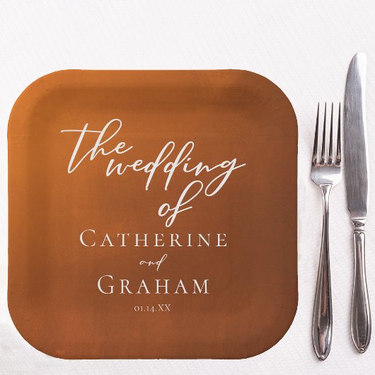 Rustikale Burnt Orange Typografy Herbsthochzeit Pappteller