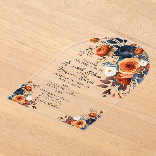 Rustikale Burnt Orange und Blauer Hochzeitsempfang Acryleinladungen (Ablage )