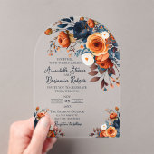Rustikale Burnt Orange und Blauer Hochzeitsempfang Acryleinladungen (Insitu (Handheld))