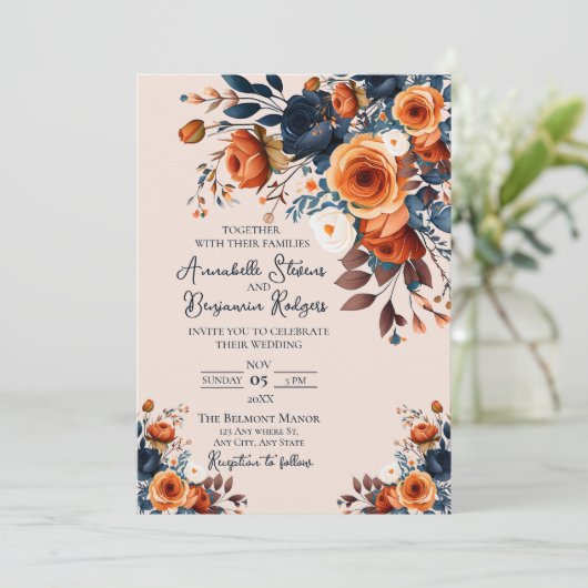 Rustikale Burnt Orange und Blauer Hochzeitsempfang Einladung (Stehend Vorderseite)