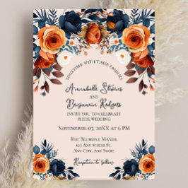 Rustikale Burnt Orange- und Blue Floral Wedding Einladung