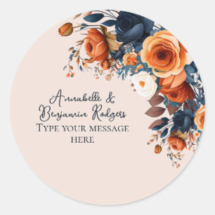 Rustikale Burnt Orange- und Blue Floral Wedding Runder Aufkleber