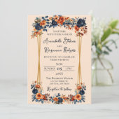 Rustikale Burnt Orange und Blue Wedding Einladung (Stehend Vorderseite)