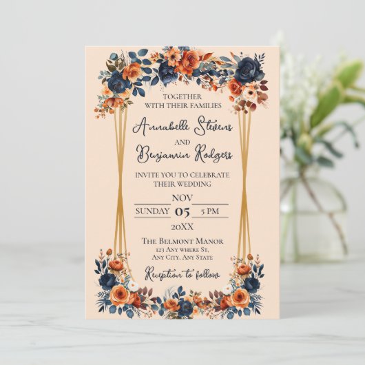 Rustikale Burnt Orange und Blue Wedding Einladung (Stehend Vorderseite)