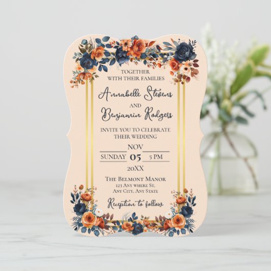 Rustikale Burnt Orange und Blue Wedding Einladung (Stehend Vorderseite)