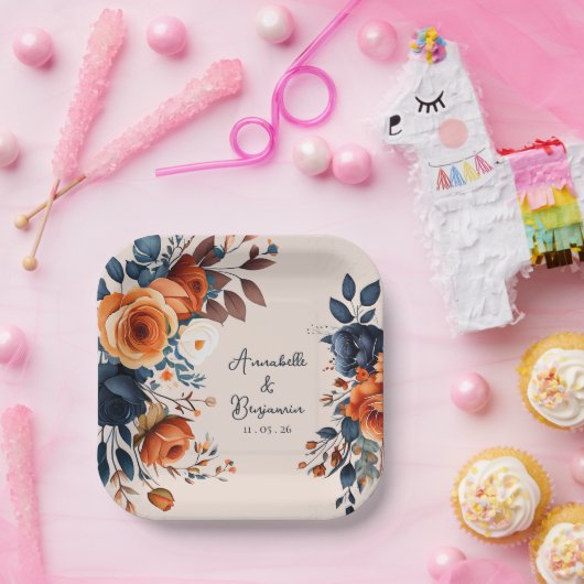 Rustikale Burnt Orange und Blue Wedding Pappteller (Party)