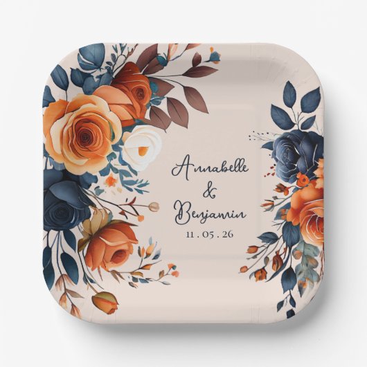 Rustikale Burnt Orange und Blue Wedding Pappteller (Vorderseite)