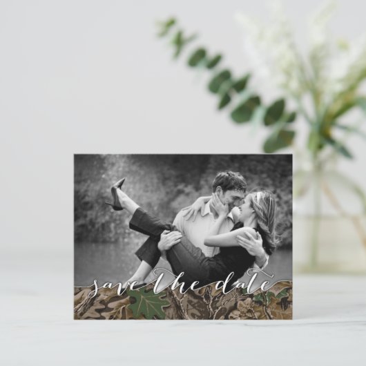 Rustikale Camouflage Foto Speichern Sie die Datums Ankündigungspostkarte (Stehend Vorderseite)