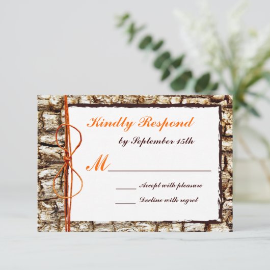 Rustikale Camouflage Orange Bow Wedding RSVP Karte (Stehend Vorderseite)