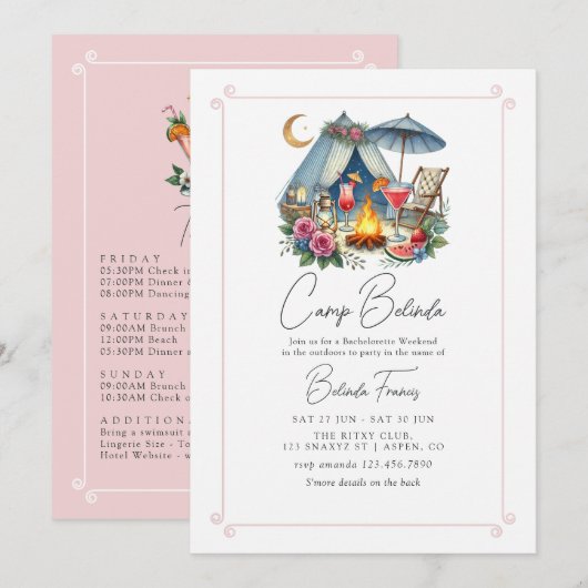 Rustikale Campbrücke Bachelorette Wochenende Einladung (Vorne/Hinten)