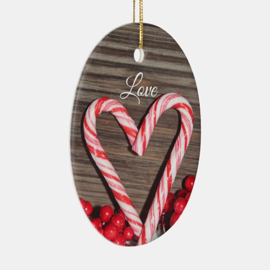 Rustikale Candy Cane Herz Liebe Personalisiert Keramik Ornament (Rechts)