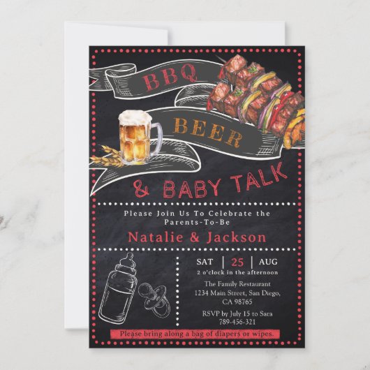 Rustikale Chalkboard GRILLEN Beer Baby Shower Einl Einladung (Vorderseite)