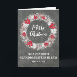 Rustikale Chalkboard Großtochter im Jura Weihnacht Karte<br><div class="desc">Frohe Weihnachten für Enkelin in der Rechtskarte mit rustikalem Country-Chalkboard-Muster und schneebedecktem Kranz mit Poinsettias.</div>