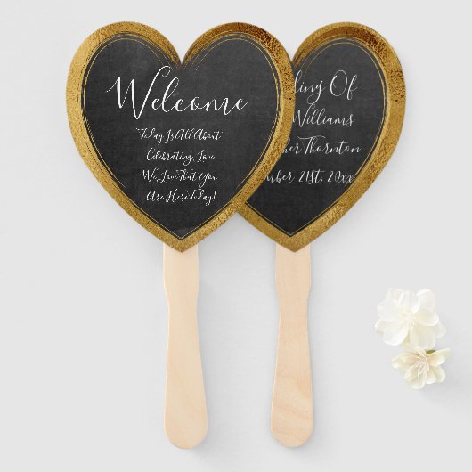 Rustikale Chalkboard-Imitate Gold Wedding Heart Wi Fächer (Vorne und Hinten)