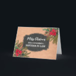 Rustikale Chalkboard Mutter im Gesetz frohe Weihna Karte<br><div class="desc">Fröhliche Weihnachten für Mutter in Rechtskarte mit rustikalem Kalkbrettmuster und winterliche Blätter mit Poinsettias.</div>