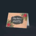 Rustikale Chalkboard Schwester im Jura Frohe Weihn Karte<br><div class="desc">Frohe Weihnachten für die Schwester in der Rechtskarte mit rustikalem Landkreidemuster und Winterfolien mit Poinsettias.</div>