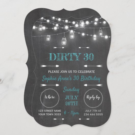 Rustikale Chalkboard String Lights Dirty 30 Geburt Einladung (Vorne/Hinten)