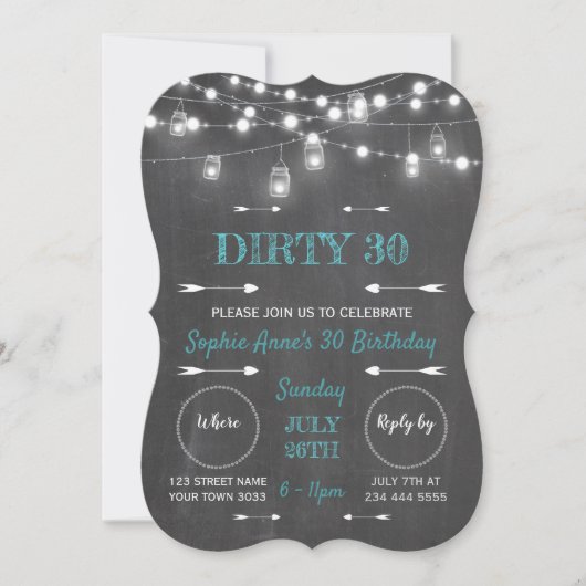 Rustikale Chalkboard String Lights Dirty 30 Geburt Einladung (Vorderseite)