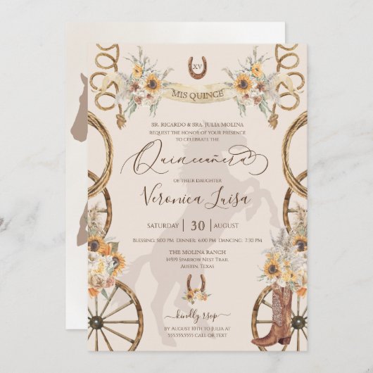 Rustikale Charro Sonnenblumen & Boho Floral Quince Einladung (Vorne/Hinten)