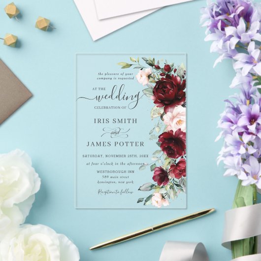 Rustikale Chic Burgundy Blush Pink Blumenhochzeit Acryleinladungen (In Situ (Hochzeit))