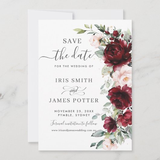 Rustikale Chic Burgundy Blush Pink Blumenhochzeit Save The Date (Vorderseite)