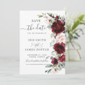 Rustikale Chic Burgundy Blush Pink Blumenhochzeit Save The Date (Stehend Vorderseite)