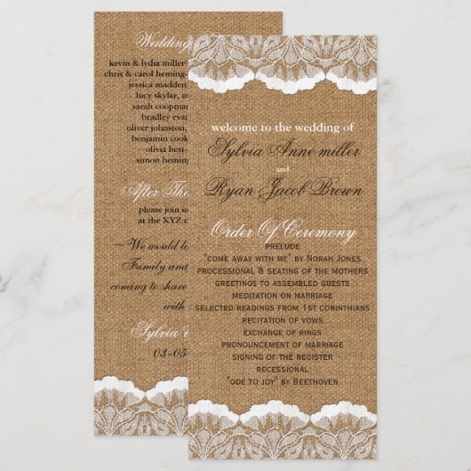 Rustikale Chic Burlap- und Spitzenlandhochzeit Programm (Vorne/Hinten)