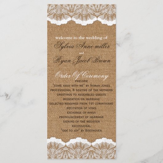 Rustikale Chic Burlap- und Spitzenlandhochzeit Programm (Vorderseite)