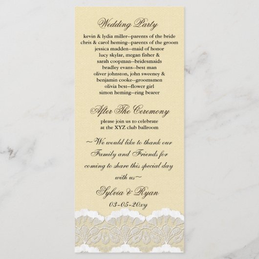 Rustikale Chic Burlap- und Spitzenlandhochzeit Programm (Rückseite)