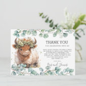 Rustikale Chic Greenerity Highland Cow Baby Shower Dankeskarte (Stehend Vorderseite)