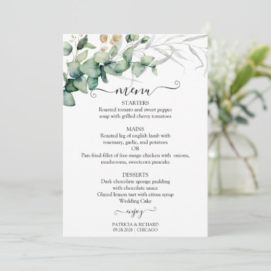 Rustikale Chic Greenerity Wedding Menu Card Einladung (Stehend Vorderseite)