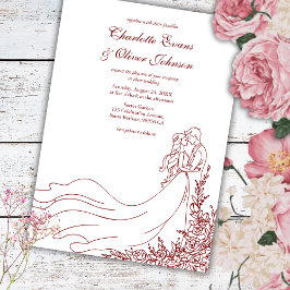 Rustikale Chic Hand Drawn Couple Burgundy Wedding Einladung