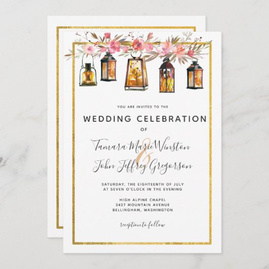 Rustikale Chic Lanterns Rose Gold Floral Wedding Einladung (Vorne/Hinten)