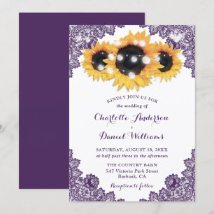 Rustikale Chic-Lila-Spitzen-Sonnenblumen-Hochzeit Einladung