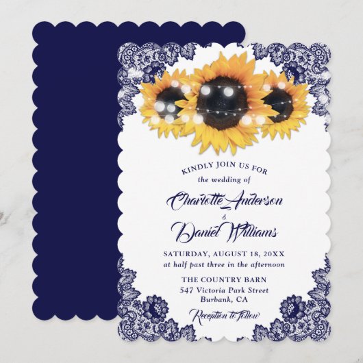 Rustikale Chic Navy Blue Lace Sonnenblume Hochzeit Einladung (Vorne/Hinten)
