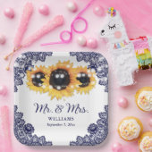 Rustikale Chic Navy Blue Lace Sonnenblume Hochzeit Pappteller (Party)