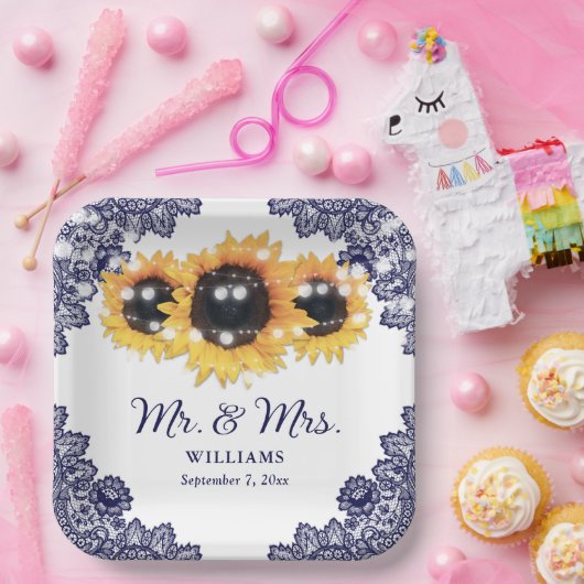 Rustikale Chic Navy Blue Lace Sonnenblume Hochzeit Pappteller (Party)