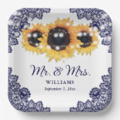 Rustikale Chic Navy Blue Lace Sonnenblume Hochzeit Pappteller (Vorderseite)