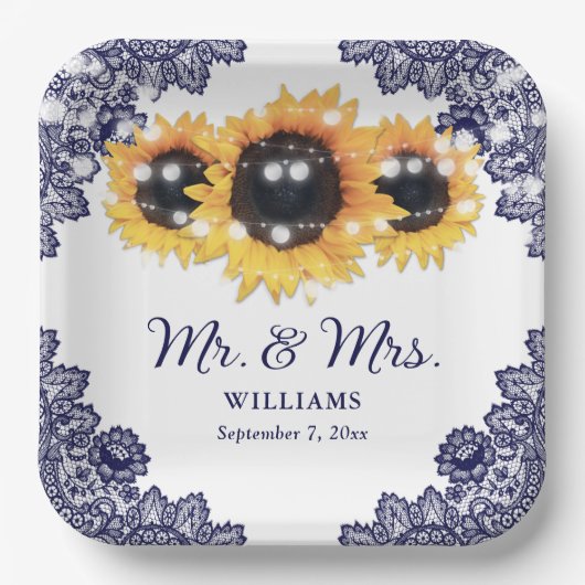 Rustikale Chic Navy Blue Lace Sonnenblume Hochzeit Pappteller (Vorderseite)