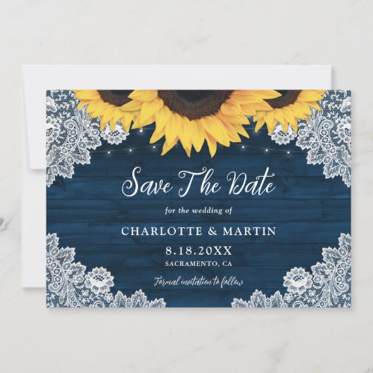 Rustikale Chic Navy Blue Wood Lace Sonnenblumenhoc Save The Date (Vorderseite)