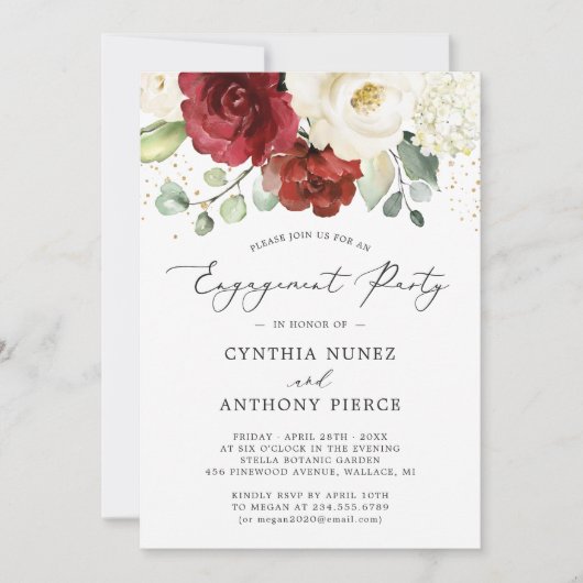 Rustikale Chic Red White Floral Gold Party Einladung (Vorderseite)