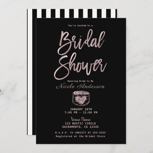 Rustikale Chic Rose Gold Pink Stripes Brautparty Einladung (Vorne/Hinten)