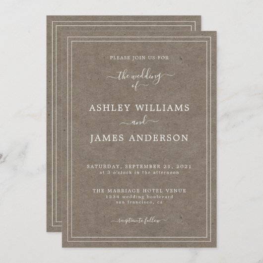 Rustikale Chic Script Kraft Papier Hochzeit Einladung (Vorne/Hinten)