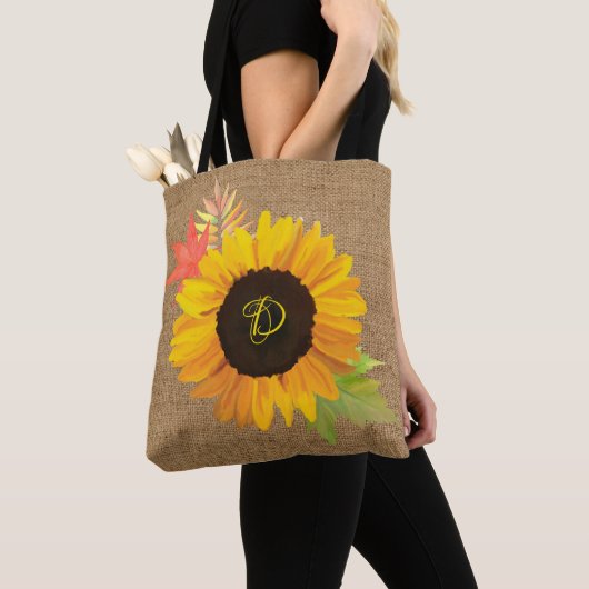 Rustikale Chic Sonnenblumen und Herbstlaube Monogr Tasche (Von Nahem)