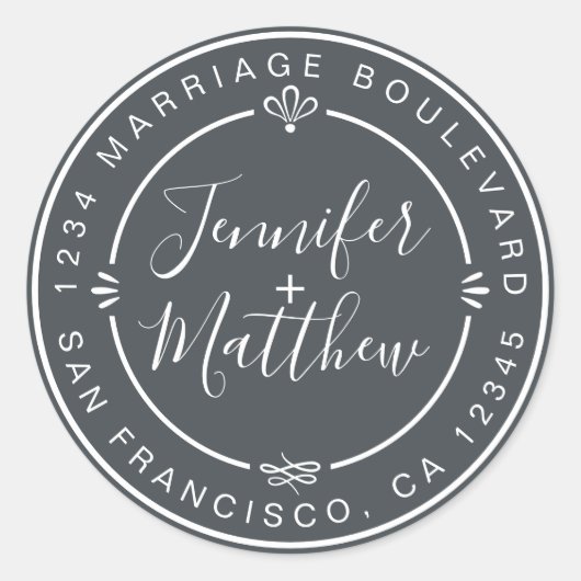 Rustikale Chic Wedding Rücksendeadresse Off-Black Runder Aufkleber (Vorderseite)