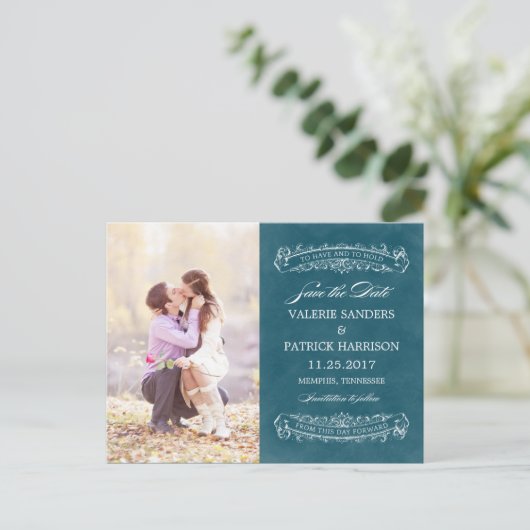 Rustikale Chic Wedding Save the Date - Aquamarin Ankündigungspostkarte (Stehend Vorderseite)