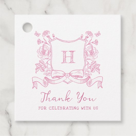 Rustikale Chinoiserie Bow Floral Wappen Babydusche Geschenkanhänger (Vorderseite)